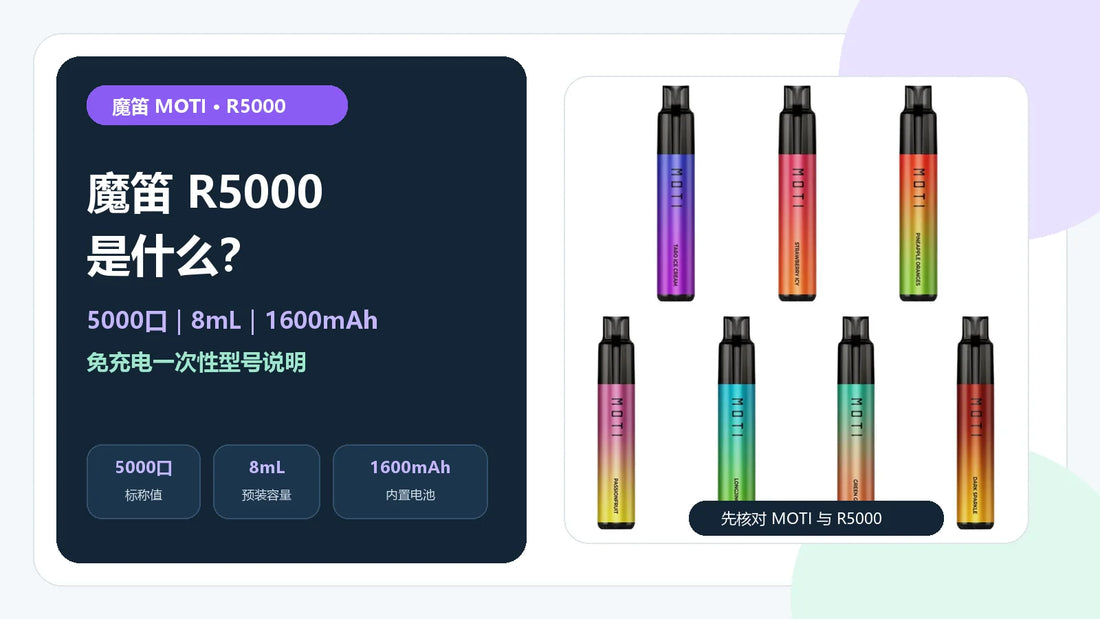 魔笛MOTI R5000的5000口、8mL与1600mAh规格说明封面