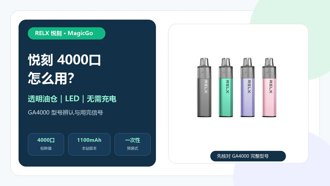悦刻RELX MagicGo GA4000透明油仓、底部LED与无需充电说明封面